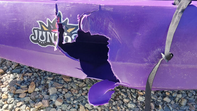 The damaged kayak following the powerboat collision. Credit MCA