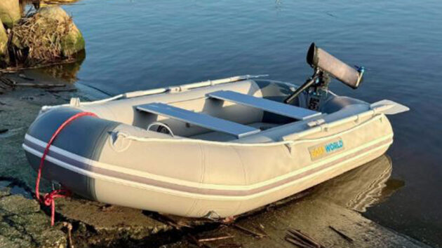 A Boatworld dinghy on a slipway
