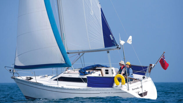 A couple sailing a yacht