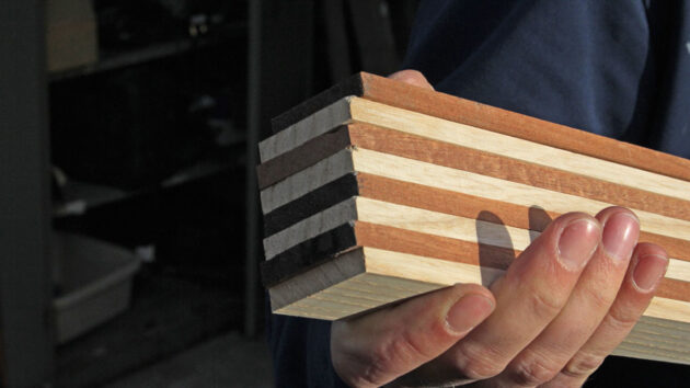 Wood being prepared for laminating to make a tiller