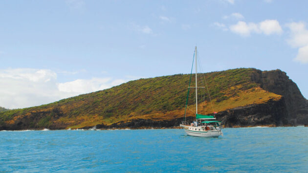 A yacht anchored in a bay
