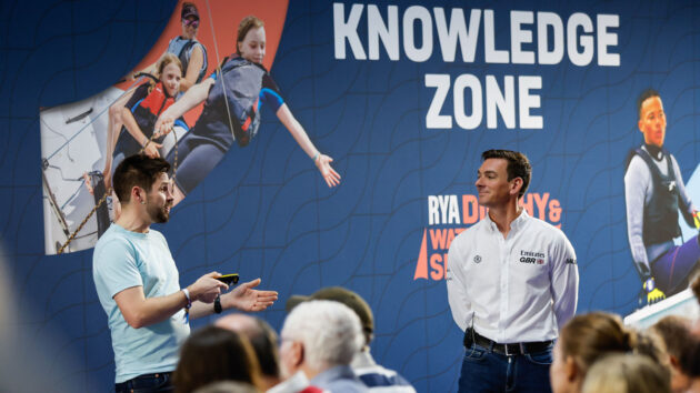 Tom 'Mozzy' Morris and Dylan Fletcher on The Knowledge Zone stage at the RYA DInghy and Watersports Show. Credit: Paul Wyeth