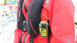 Personal locator beacon on a lifejacket. PLB registration is now compulsory in the UK