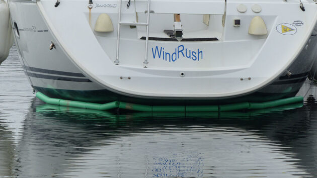 Pool noodles rigged underneath the boat to prevent wave slap