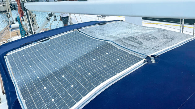 Boat solar panels on a bimini of a yacht
