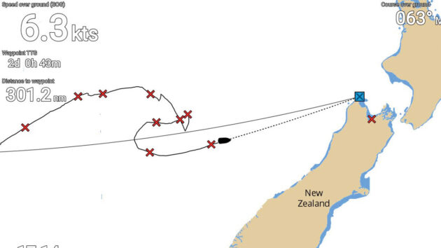 A track of a boat in the Tasman Sea during a storm