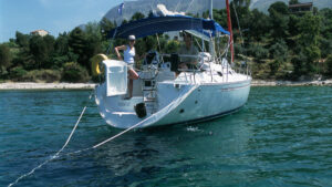 A yacht moored with anchors