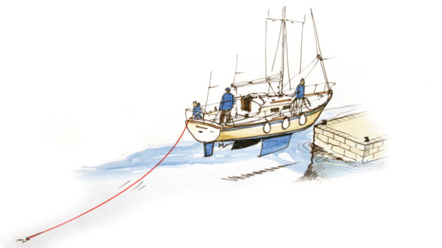 A drawing of a yacht using anchors to come alongside