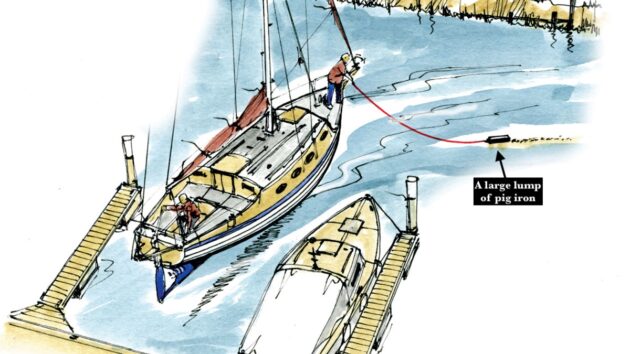 a drawing of a yacht using anchors to moor