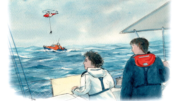 Claudia Myatt's painting of Andy Turner's mid-channel medical airlift from an RNLI lifeboat. Credit: Claudia Myatt