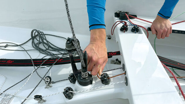 The 60kgcentreboard of the Wayfarer Weekender dinghy is uncleated and lowered on launching.. Credit: Ali Wood