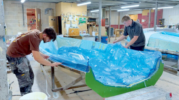 Preparation for vacuum bag resininfusion of a Hartley Boats Wayfarer hull. Credit: Ali Wood