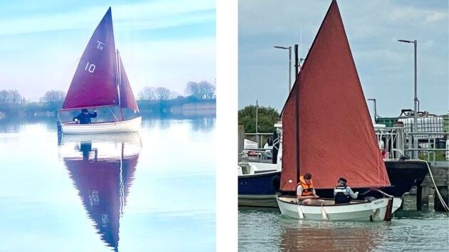 Two sailing dinghy images. Left: Clive sailing his Tideway 10 with a droopy boom. Credit: Maurice Burgess.Right: Clive sailing his Modified Dabber with boom too low for 6ft 4in grandson. Credit: Jo Baldock