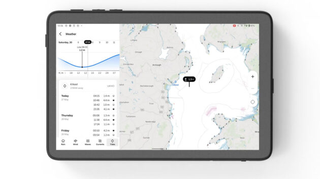 A chartplotter screen showing animated weather and tidal information
