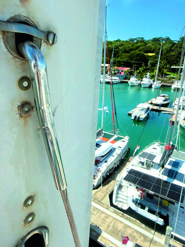 Damaged rigging at the mast of a boat after a transatlantic crossing