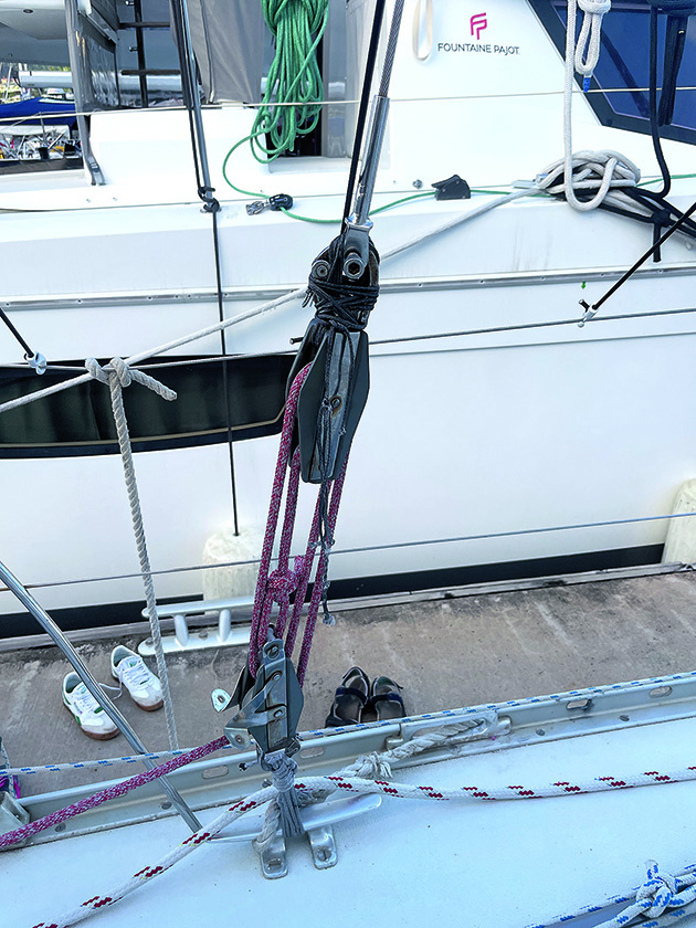 a running backstay on a yacht's rigging, used to support the rig during a transatlantic crossing
