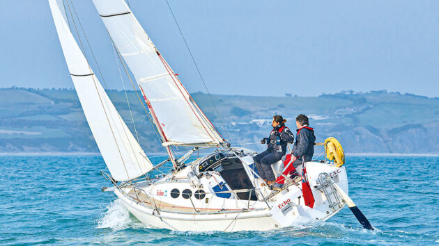 Two people sailing a yacht