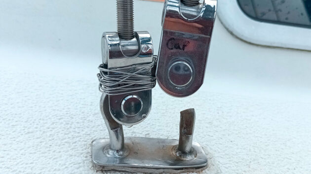 Seizing wire on a rigging fitting after chainplate failure on a yacht