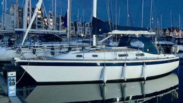 A yacht berthed in a marina