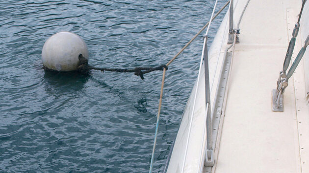 A catamaran secured to a boat mooring