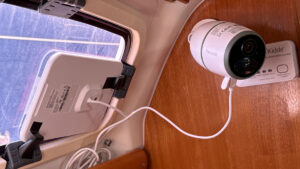 The MoorMesh set up - a Reolink solar panel and outdoor 4G wireless security camera onboard a boat