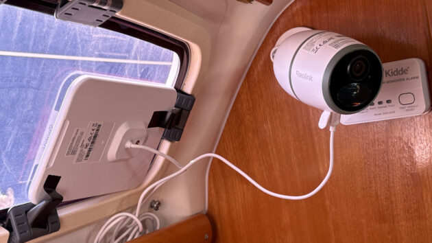 The MoorMesh set up - a Reolink solar panel and outdoor 4G wireless security camera onboard a boat