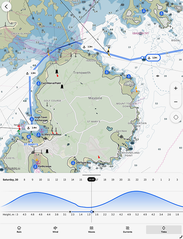 Tidal heights being displayed on the Orca navigation system