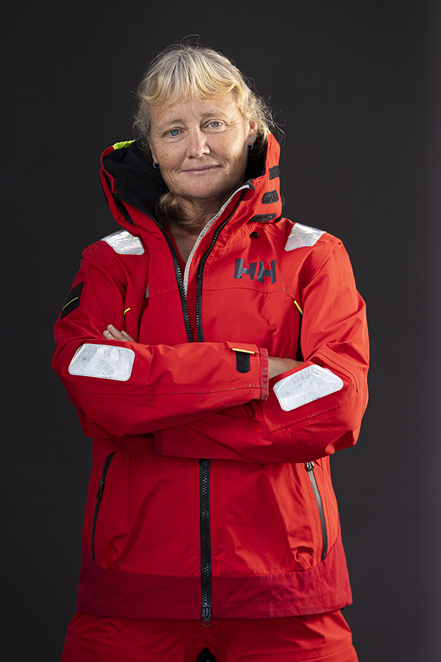 Pip Hare wearing wet weather gear