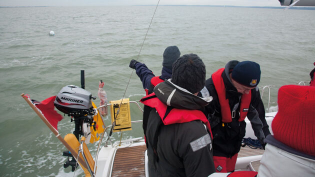A yacht crew practising man overboard turns and recovery