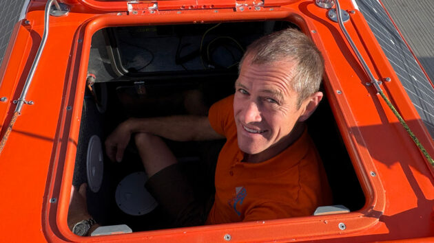 Andrew Bedwell sitting down in his boat Big C V2 ahead of his Atlantic Crossing