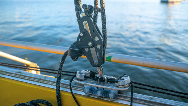Blocks on the sail track of a yacht