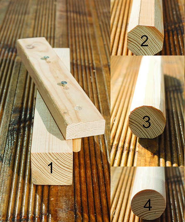 A spar gauge being used to make a piece of wood round