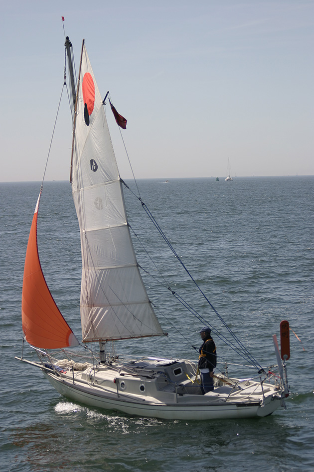 A junk rigged boat at the start of the first Jester Challenge sailing event