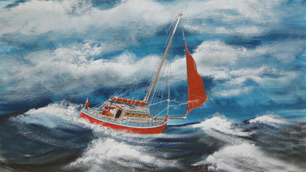 A painting of a boat in a gust and sailing against the wind and tide