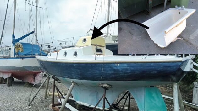 Old bath used to make a mould for a GRP dog house for a boat