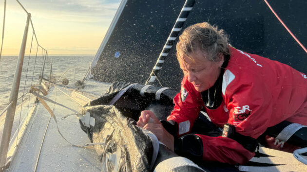Pip Hare working on her boat