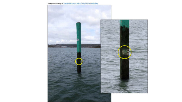 Navigation beacon 81 with inset detail of surface damage. Credit: Hampshireand Isle of Wight Constabulary