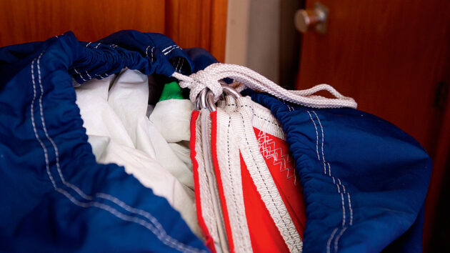 A spinnaker sailed packed into a bag