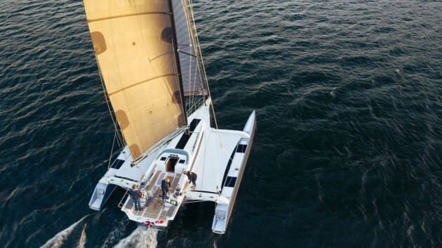 A Dragonfly Carbon 40 multihull under sail 