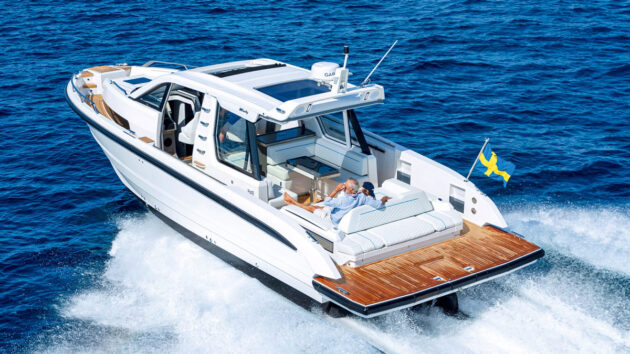 A motor boat with a bathing platform