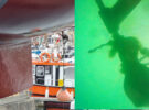 Rope and buoy from lobster pots wrapped around a yacht's propeller