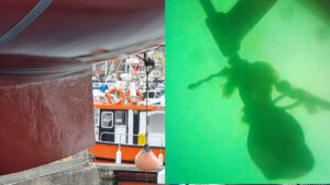 Rope and buoy from lobster pots wrapped around a yacht's propeller