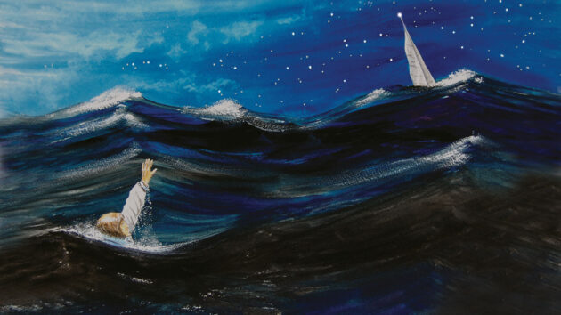 A painting showing a woman lost at sea having gone overboard