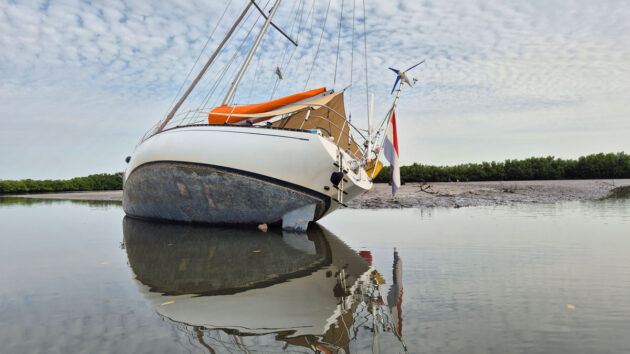 A boat careening in a river