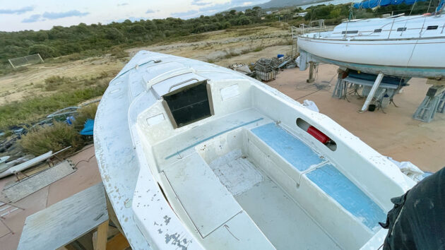 A stripped back cockpit on a boat as part of a refit