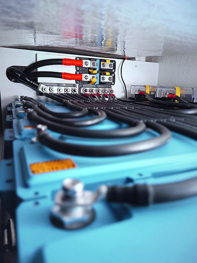 A busbar as part of the electrical system on an electric sailboat