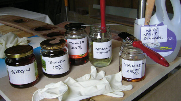 A selection of varnishes thinned ahead of preparation