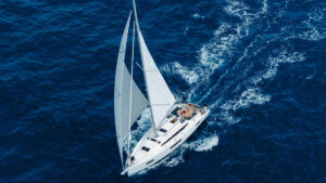 An aerial view of a sailing yacht