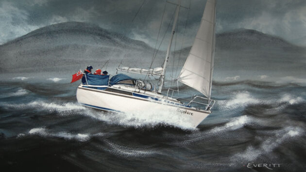 A painting of a yacht in foul weather and a tidal race
