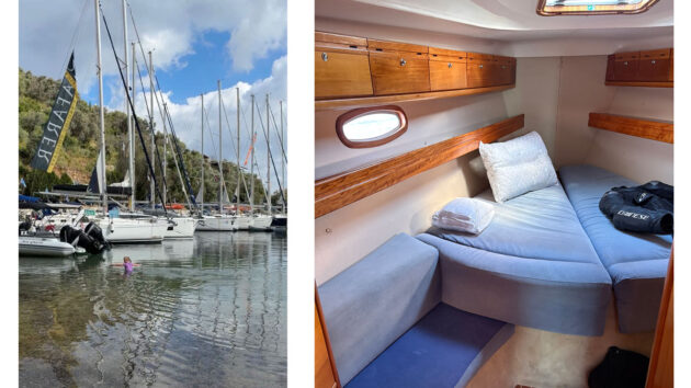 The harbour at Karnagio; and the forepeak aboard Bavaria 39 cruiser, Orestis